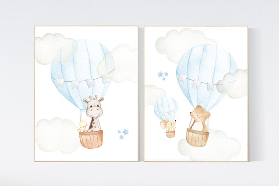 Nursery decor boy adventure, blue nursery, hor air balloon, woodland animals, elephant, baby bear, giraffe, bunny, baby room wall art