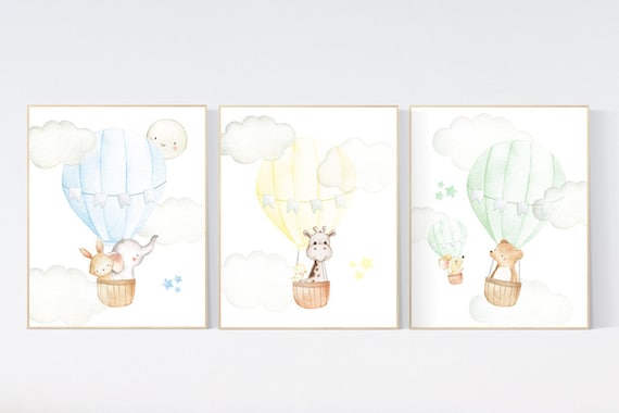 Nursery decor animals, hot air balloon, elephant giraffe, bear, gender neutral, nursery decor twins, animal nursery, neutral, unisex