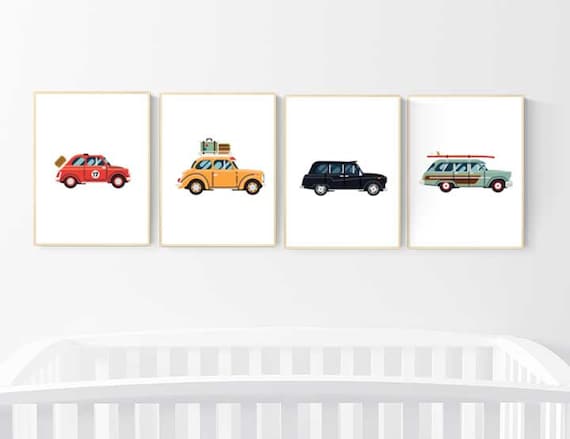 nursery decor boy cars, car nursery wall art, boys room decor cars, vintage cars print, nursery wall art boy car, transportation wall art