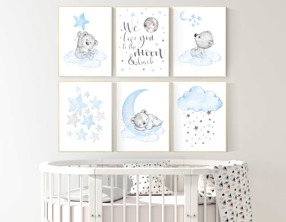 Nursery wall art bear, boys nursery prints. nursery decor boy ideas, nursery art ideas, baby blue, grey, nursery wall art, sky, moon, stars