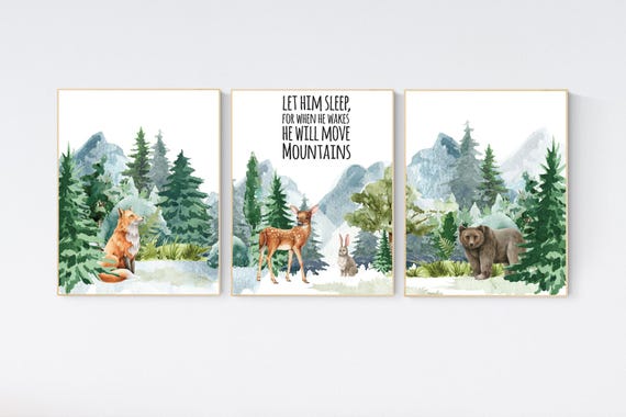 Nursery decor woodland, mountain wall art, tree nursery decor, adventure theme, forest, woodland animals, let him sleep for when he wakes