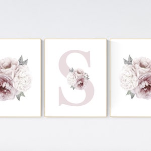 Nursery decor girl flower, floral nursery, peony nursery, Dusty Rose, peony flower, girl nursery wall decor, set of 3 prints, name print