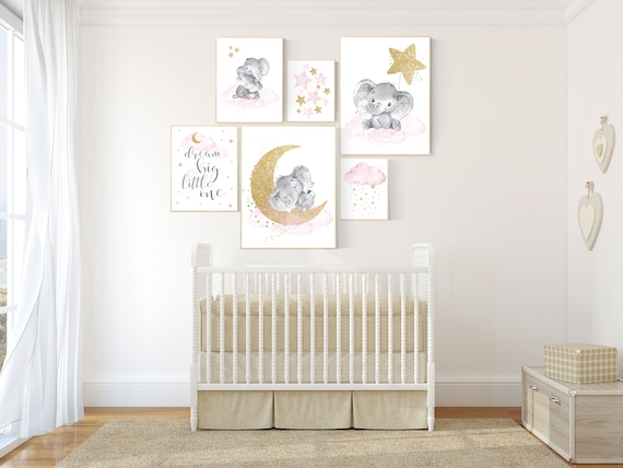 Nursery decor girl, Nursery decor elephant, baby room decor girl gold and pink, gold nursery art, to the moon and back, cloud stars nursery