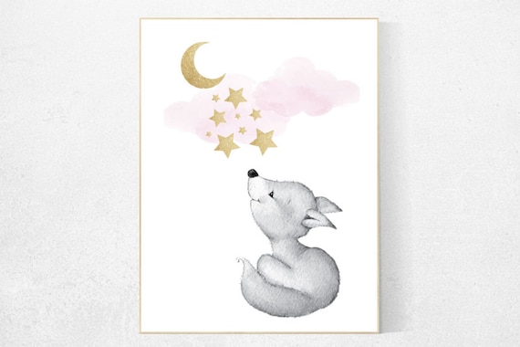 Fox nursery decor, nursery decor woodland, nursery decor fox, woodland nursery, pink gold nursery wall art, girl nursery, woodland animals