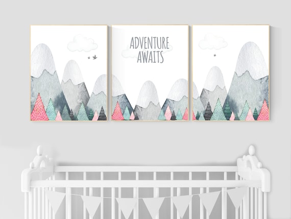 Nursery decor girl mountain, adventure nursery, adventure theme nursery, woodland, gender neutral, adventure awaits, mountains, forest