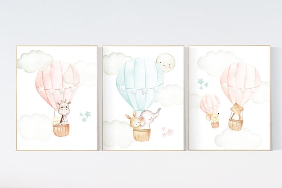 Coral and mint nursery wall art, Nursery decor girl, hot air balloon nursery, coral mint nursery, woodland animals, gender neutral nursery