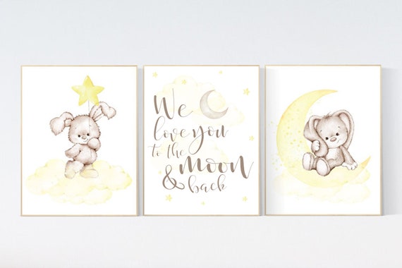 Nursery decor bunny, yellow nursery, rabbit nursery, yellow nursery, we love you to the moon and back, gender neutral, bunny nursery art