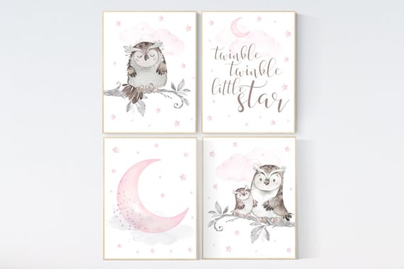 Nursery decor girl owl, Owl print for nursery, twinkle twinkle little star, owl nursery decor, pink and gray, nursery ideas, pink nursery