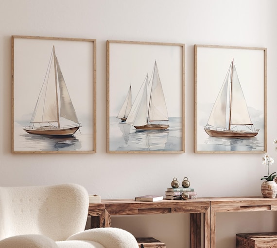 Sailboat Nautical Wall Art – Coastal Watercolor Boat Prints, Sailing Decor, Blue Beige Ocean Art, Modern Beach House Wall Decor Set