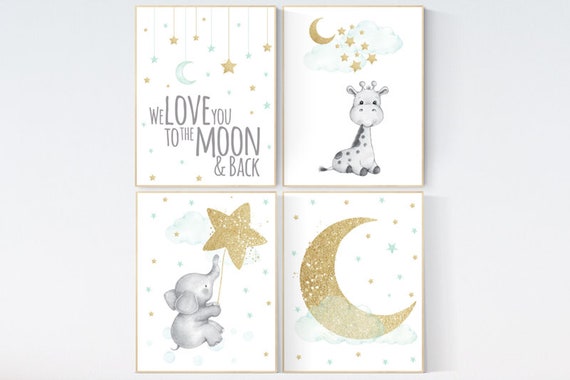 Nursery decor mint and gold, we love you to the moon and back, elephant giraffe, mint nursery wall art, moon  and stars, giraffe nursery