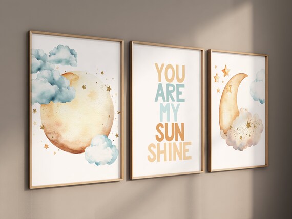 Moon prints for nursery, nursery wall art, gender neutral nursery, blue and yellow, Baby wall decor, nursery prints, you are my sunshine