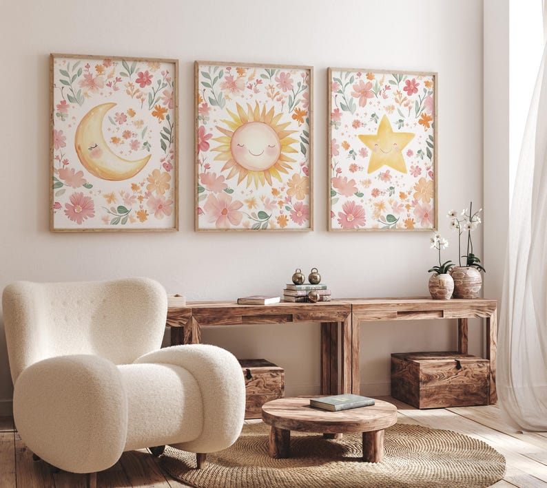 Floral Sun Moon Star Nursery Wall Art Set, Boho Baby Girl Room Decor - Etsy