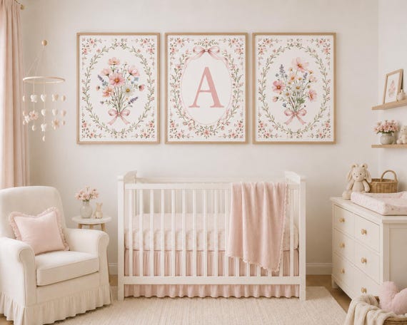 Blush Pink Floral Nursery Wall Art Set of 3, Personalized Baby Girl Initial Print