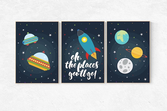 Oh the places you'll go, Space nursery decor, outer space nursery wall art, nursery set, space themed nursery kids room decor nursery prints