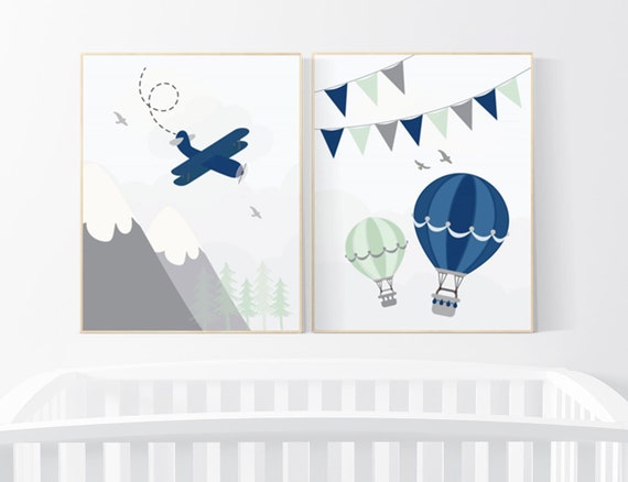 Nursery decor boy adventure, nursery decor mountain, plane nursery, navy mint, boy nursery wall art, adventure nursery