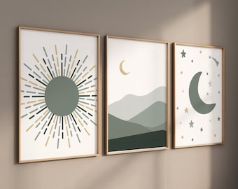 Láminas de arte para habitación infantil en verde salvia: decoración bohemia de luna y sol