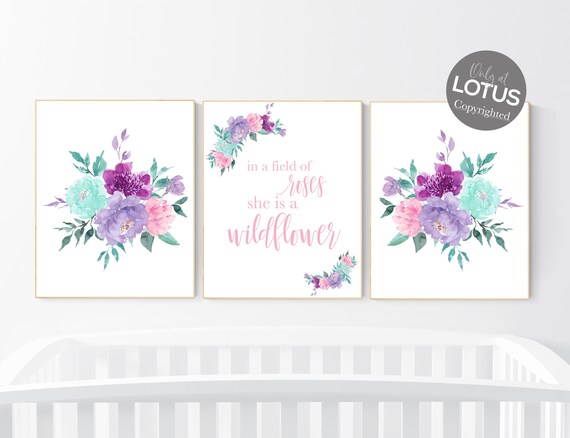 Nursery decor girl boho, floral nursery, pink purple teal, girl nursery, in the field of roses be a wildflower, floral nursery prints