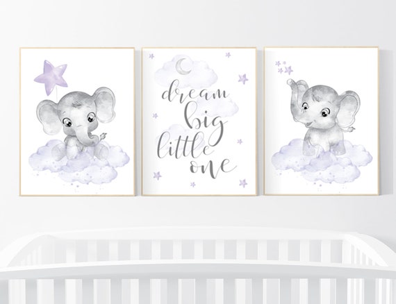 Nursery prints girl, Nursery decor girl purple, nursery decor elephant girl, moon and stars, lavender, girl nursery ideas, lilac nursery