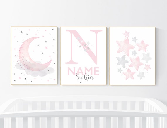 Nursery decor girl, Nursery decor girl pink and gray, pink nursery, moon and star, girl nursery wall art, baby room art, nursery prints girl