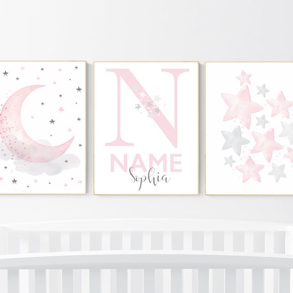 Nursery decor girl, Nursery decor girl pink and gray, pink nursery, moon and star, girl nursery wall art, baby room art, nursery prints girl