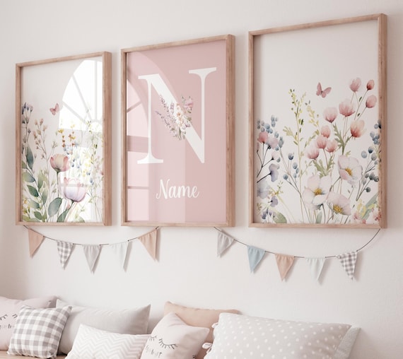 Pink Floral Name Wall Art Set – Personalized Watercolor Flower Prints – Botanical Nursery Decor – Girl Room Boho Wildflower Poster