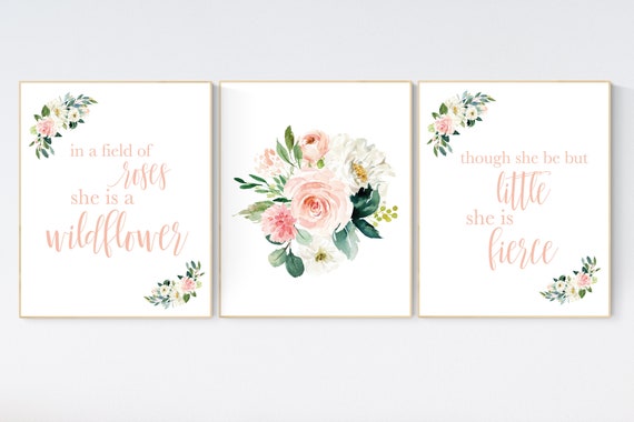 In a field of roses she is a wildflower, Nursery decor girl blush, nursery decor girl floral, peach nursery decor, flower nursery