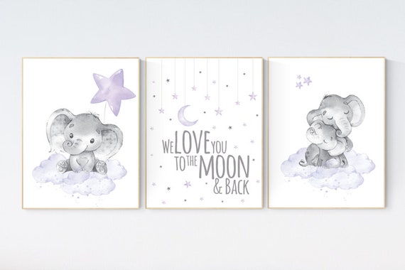 Nursery decor girl purple, nursery decor girl elephant, cloud and stars nursery wall art, nursery prints girl, lavender, lilac nursery