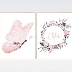 Butterfly Nursery Art Print: Light Pink Floral Decor