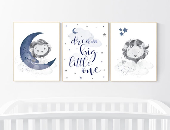 Nursery decor boy, lion nursery wall art, navy blue nursery art, boy nursery ideas, boy nursery decor, set of 3, lion nursery decor, safari