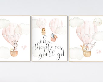 Blush nursery wall art, Nursery decor girl, hot air balloon nursery, blush pink nursery, nursery decor woodland animals, hot air balloon