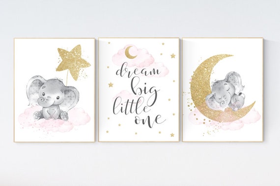 Elephant nursery wall art, moon and stars nursery, pink and gold nursery decor, elephant cloud baby room, nursery prints girl, gold nursery