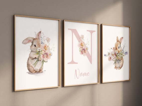 Nursery wall art girl bunny, bunny nursery print, Bunny Floral Watercolor Prints, bunny nursery decor, Wildflower Nursery, bunny nursery