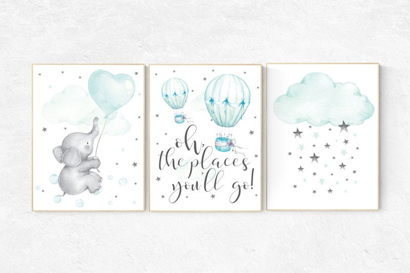 Mint nursery decor, hot air balloon, elephant, gender neutral nursery