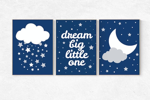 Navy nursery, dream big little one, cloud nursery art, Baby boy nursery decor, navy gray nursery, boys room wall art, baby room prints