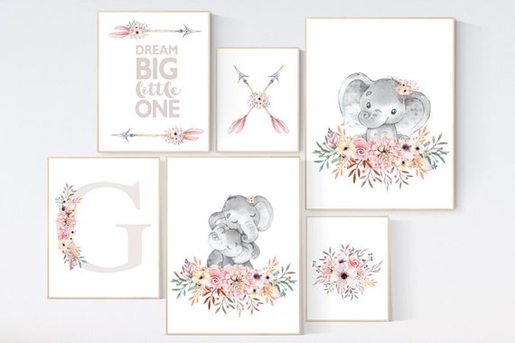 Nursery decor girl boho, elephant nursery wall art, nursery decor girl floral, nursery decor girl woodland, floral nursery, boho nursery