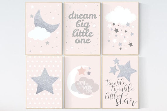 Pink nursery art, dream big little one, twinkle twinkle little star, nursery decor, pale pink, moon nursery, baby girl nursery wall art