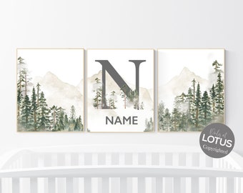 Nursery decor mountain, nursery wall art, tree nursery decor, adventure theme nursery, forest, sage green, beige, woodland animals