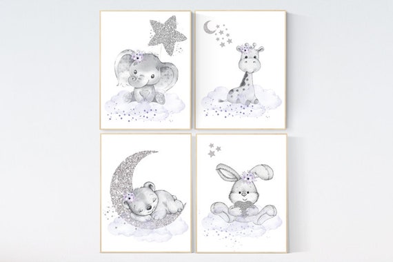 Nursery decor girl purple, Woodland animals, Nursery decor elephant, animal nursery,  giraffe, bunny, bear, purple silver, baby room art