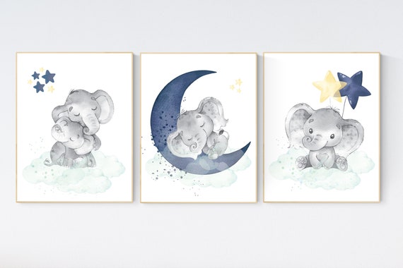 Elephant nursery, Navy and mint yellow nursery decor, navy mint nursery art, baby room wall art, boy nursery decor, nursery prints boy