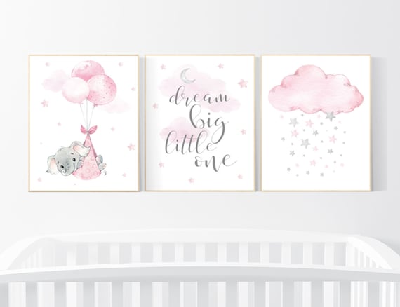 Nursery decor girl elephant, baby room decor girl, nursery wall art elephant, pink gray, nursery prints elephants, dream big little one