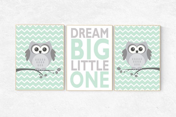 Mint nursery decor, dream big little one, Owl nursery wall art, mint gray, gender neutral nursery decor, owl nursery decor, nursery wall art