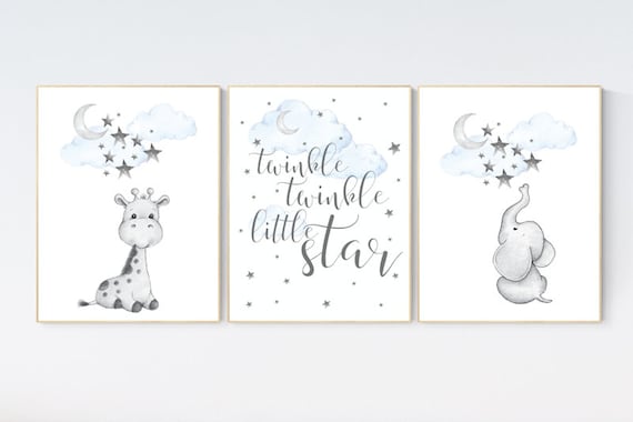 boy nursery decor elephant, nursery decor boy, blue nursery art, giraffe print nursery, elephant decor, twinkle twinkle little star