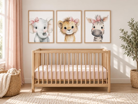 Safari Nursery Wall Art Set of 3, Pink Bow Elephant Lion Zebra Prints, Baby Girl Nursery Decor