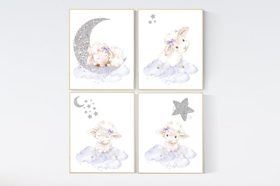Sheep nursery decor, nursery decor lambs, lavender silver nursery decor, nursery wall art sheep, cloud and star, girl nursery