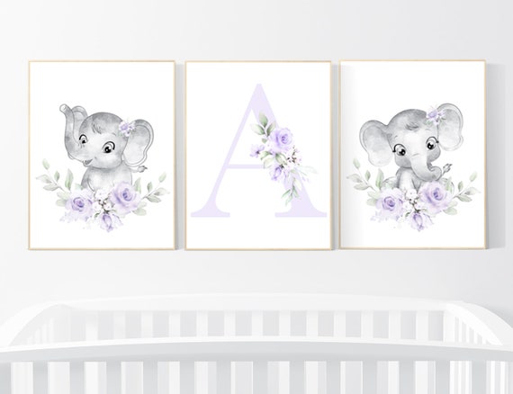 Purple nursery, Boho baby room, nursery wall art elephant, nursery decor girl, nursery decor girl floral, lilac nursery decor, lavender