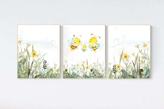 nursery decor neutral, gender neutral nursery decor, bee nursery decor, bee nursery prints, nursery wall art prints, yellow nursery art