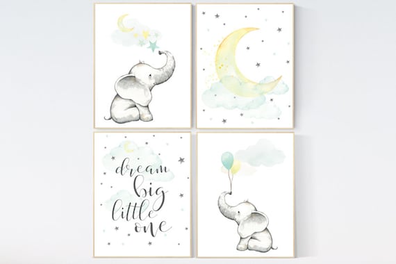 Mint and yellow nursery, nursery decor elephant, nursery prints, elephant nursery art, dream big little one, mint and yellow, balloon