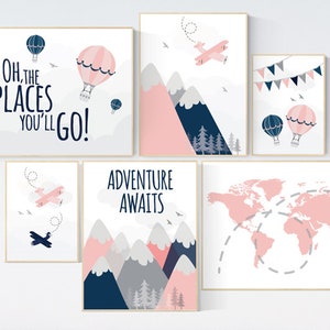 Mountain wall art for nursery, Coral navy nursery decor, coral nursery, nursery decor adventure, airplane, world map, adventure awaits