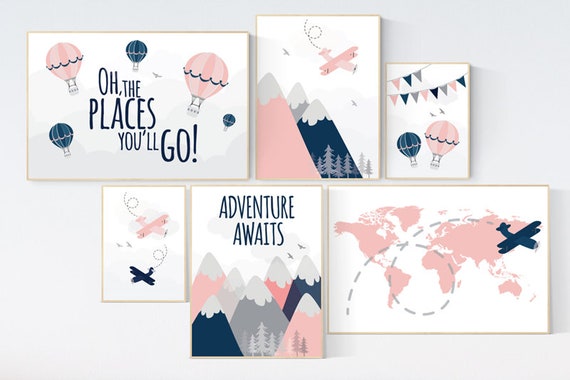 Mountain wall art for nursery, Coral navy nursery decor, coral nursery, nursery decor adventure, airplane, world map, adventure awaits