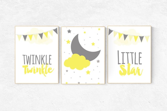 Yellow nursery decor, gender neutral baby, Twinkle Twinkle Little Star, cloud nursery, new baby gift, yellow gray nursery, baby room decor